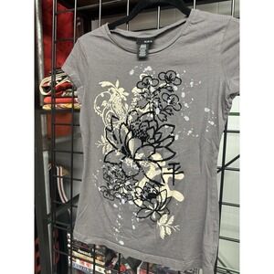 Vintage Y2K Mixit Charcoal Gray Velvet Floral Grunge Gothic Baby Tee Size Medium
